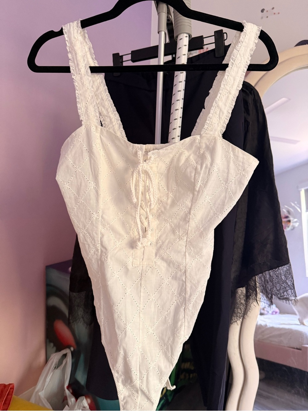 Free People White Lace-Up thong body Tank Top